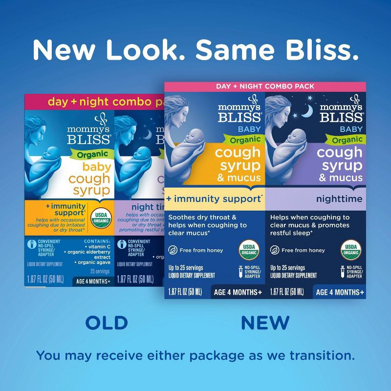 slide 2 of 9, Mommy's Bliss Organic Day & Night Baby Cough Syrup and Mucus Syrup Combo pack - 1.67 fl oz/2pk, 1.67 fl oz, 2 ct