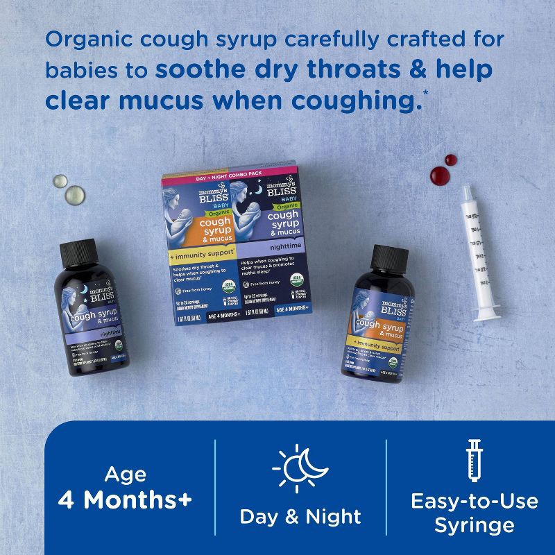 slide 3 of 9, Mommy's Bliss Organic Day & Night Baby Cough Syrup and Mucus Syrup Combo pack - 1.67 fl oz/2pk, 1.67 fl oz, 2 ct