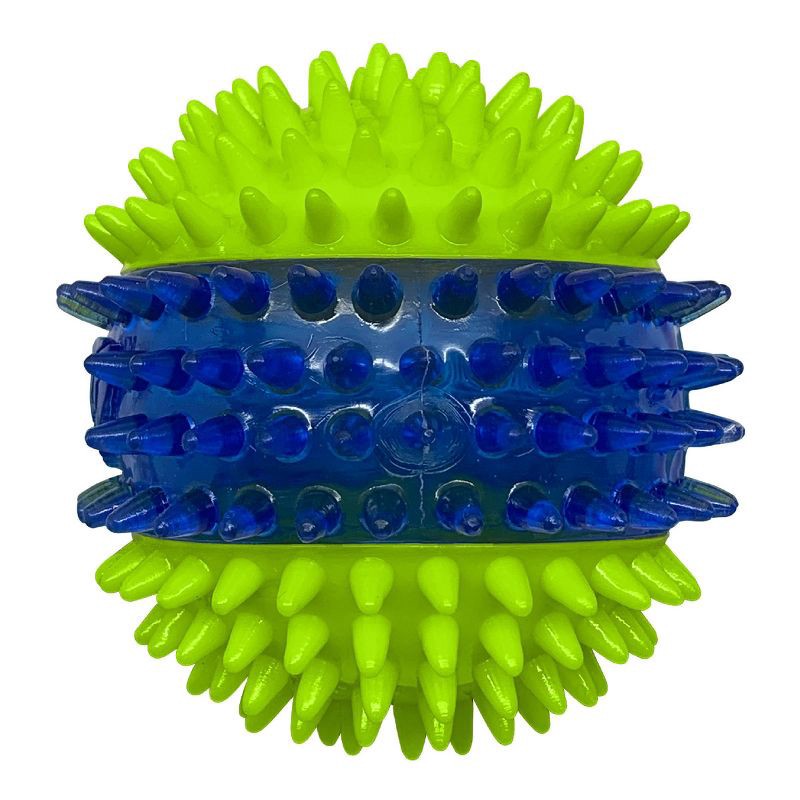 slide 3 of 5, NERF 2.7" Translucent TPR 3-Part Spike LED and Squeak Ball Dog Toy - Green/Blue, 1 ct