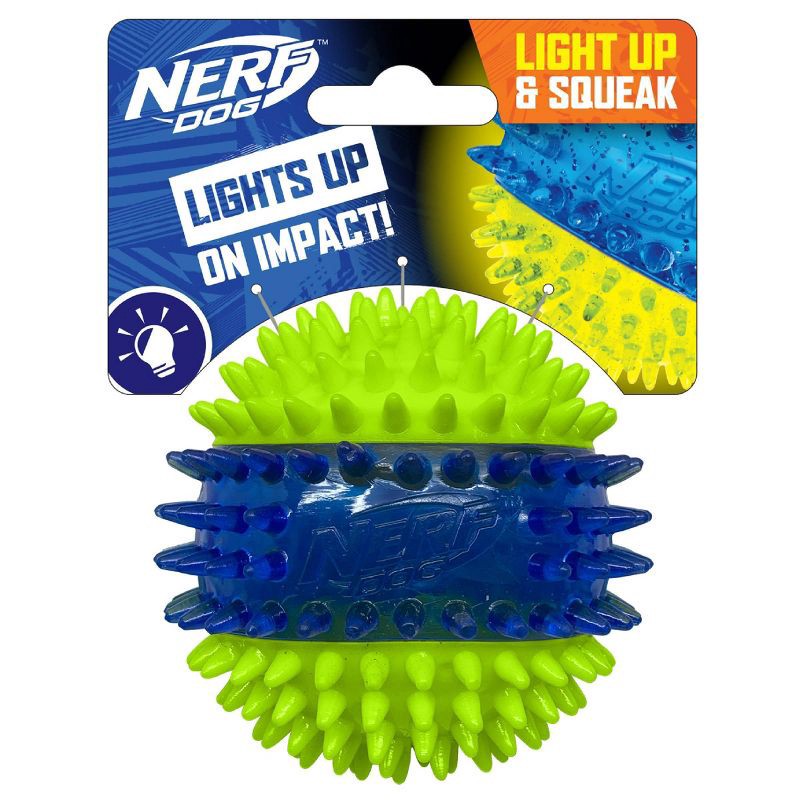 slide 1 of 5, NERF 2.7" Translucent TPR 3-Part Spike LED and Squeak Ball Dog Toy - Green/Blue, 1 ct