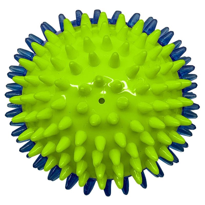 slide 4 of 5, NERF 2.7" Translucent TPR 3-Part Spike LED and Squeak Ball Dog Toy - Green/Blue, 1 ct