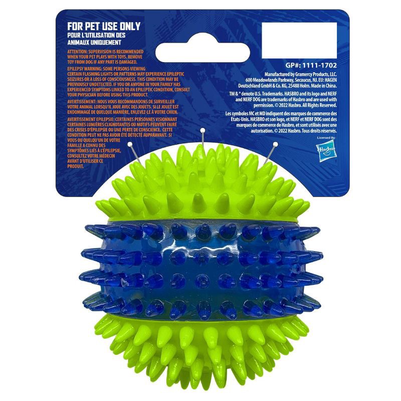 slide 5 of 5, NERF 2.7" Translucent TPR 3-Part Spike LED and Squeak Ball Dog Toy - Green/Blue, 1 ct
