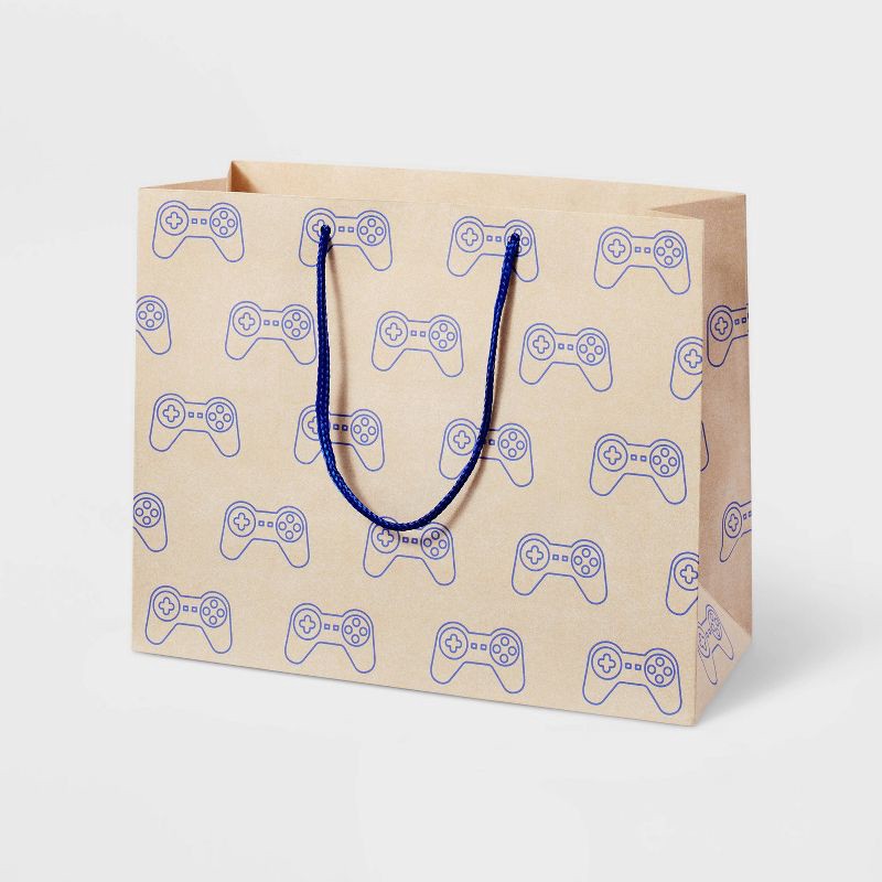 slide 1 of 3, Game Controllers on Kraft Medium Birthday Gift Bag Brown/Blue - Spritz™, 1 ct