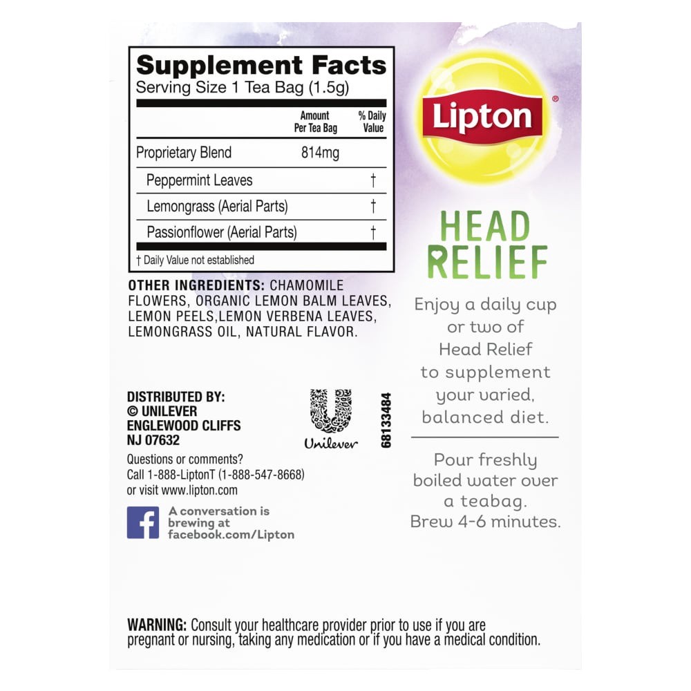 slide 2 of 5, Lipton Head Relief Peppermint Lemongrass Passion Flower Caffeine Free Herbal Tea Bags, 15 ct; 0.79 oz