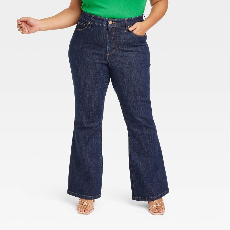 slide 1 of 3, Women's High-Rise Relaxed Flare Jeans - Ava & Viv™ Dark Blue Denim 16: Heavyweight Stretch, Full Length, 1 ct