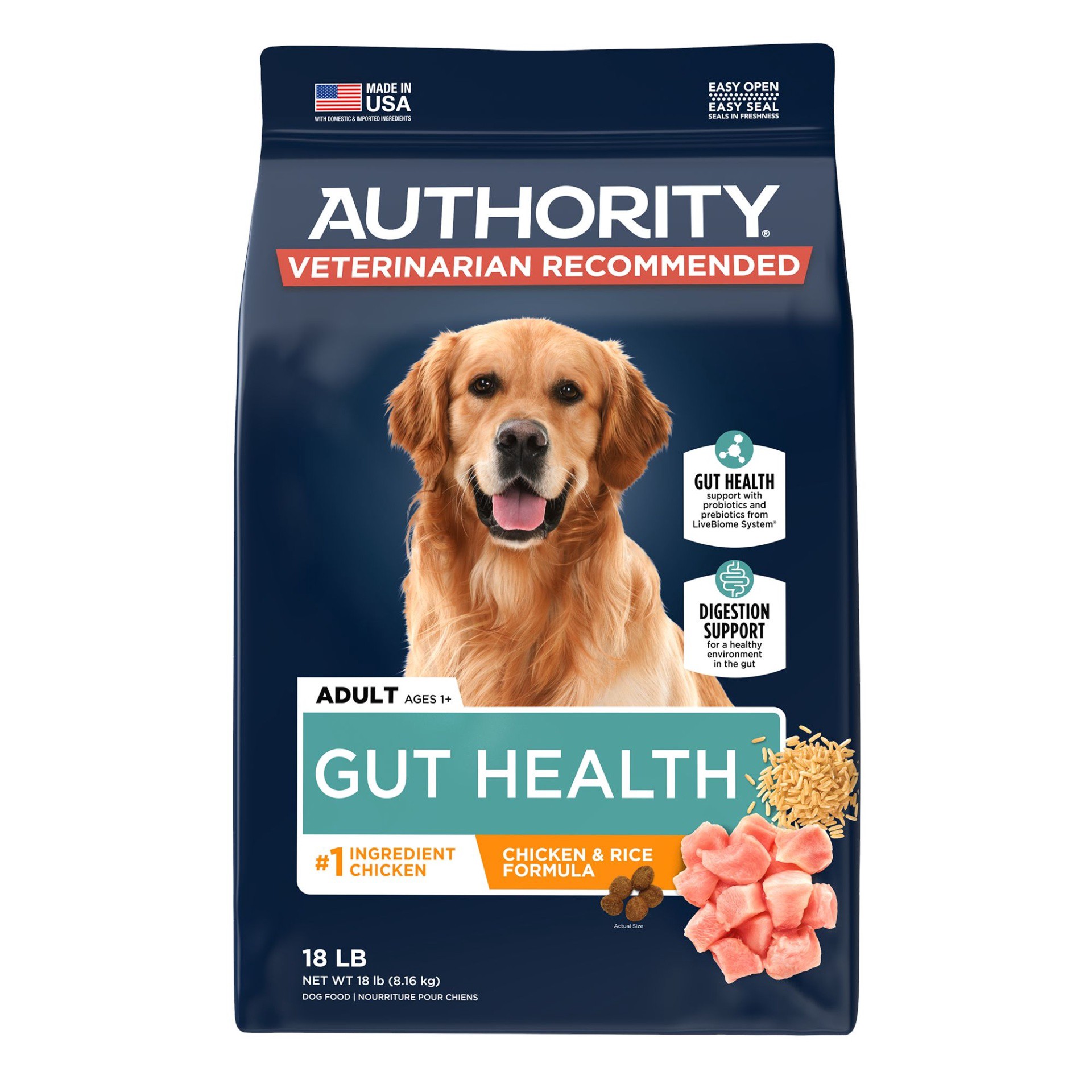 slide 1 of 1, Authority Gut Health Adult Dry Dog Food - Chicken, 18 lb