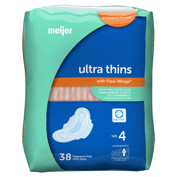 slide 12 of 21, Meijer Ultra Thin With Flexi Wings, Overnight Absorbency, Size 4, 38 ct