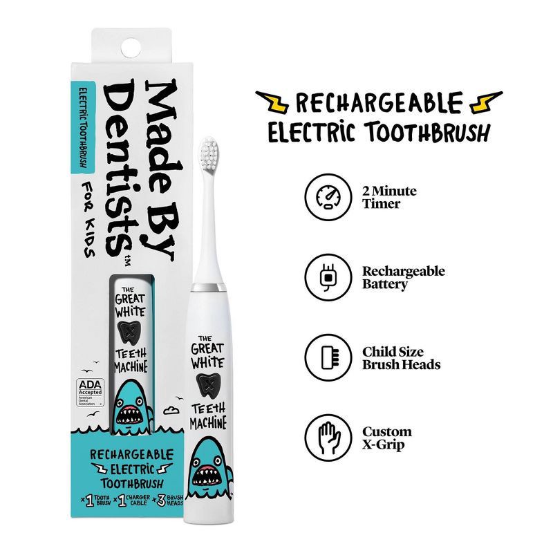 slide 3 of 7, Made by Dentists Kids' Rechargeable Electric Toothbrush with 2 Replacement Toothbrush Heads - Shark, 1 ct