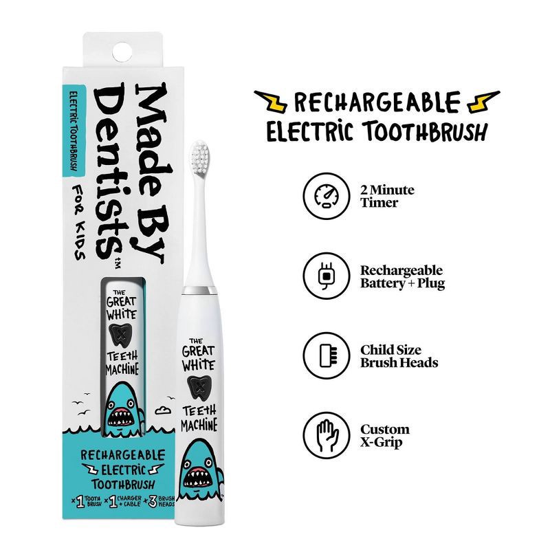 slide 4 of 7, Made by Dentists Kids' Rechargeable Electric Toothbrush with 2 Replacement Toothbrush Heads - Shark, 1 ct