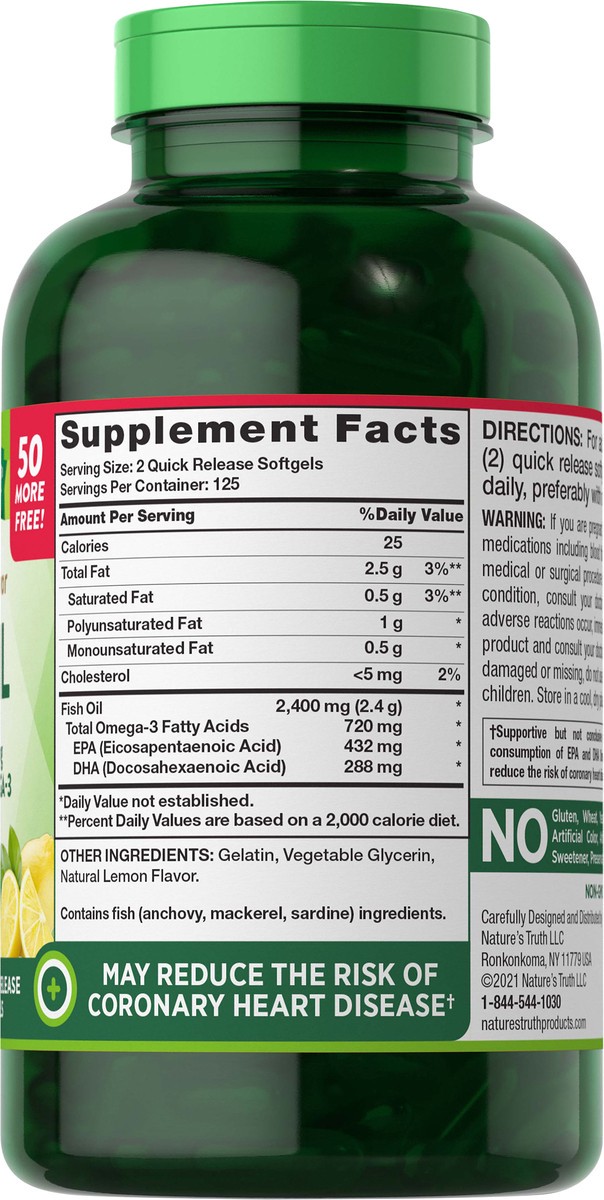 slide 3 of 5, Nature's Truth Natural Lemon Flavor Fish Oil 2,400 mg, 250 ct, 250 ct