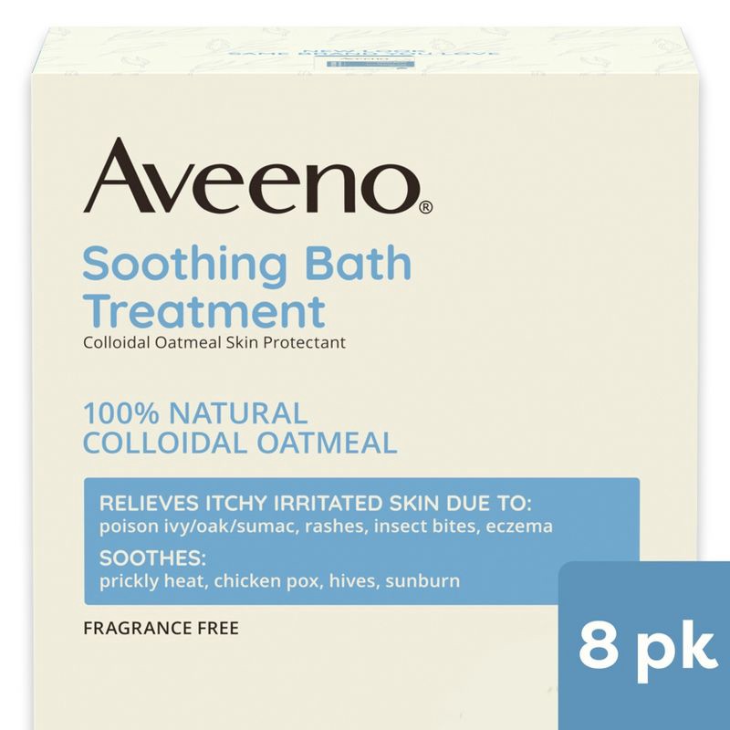 slide 1 of 7, Aveeno Soothing Oatmeal Bath Soak for Eczema with Natural Colloidal Oatmeal - Scented - 1.5oz/8ct, 8 ct; 1.5 oz