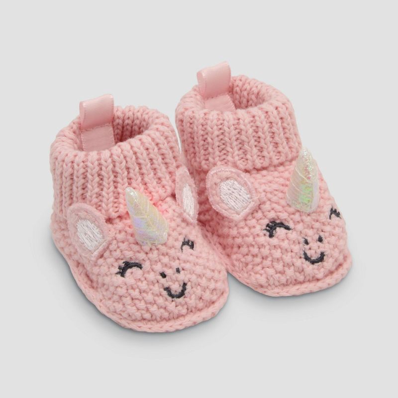 slide 1 of 5, Carter's Just One You® Baby Girls' Knitted Slippers - Pink Newborn: Unicorn Pattern, Pull-On Bootie, Cotton Lining, 1 ct