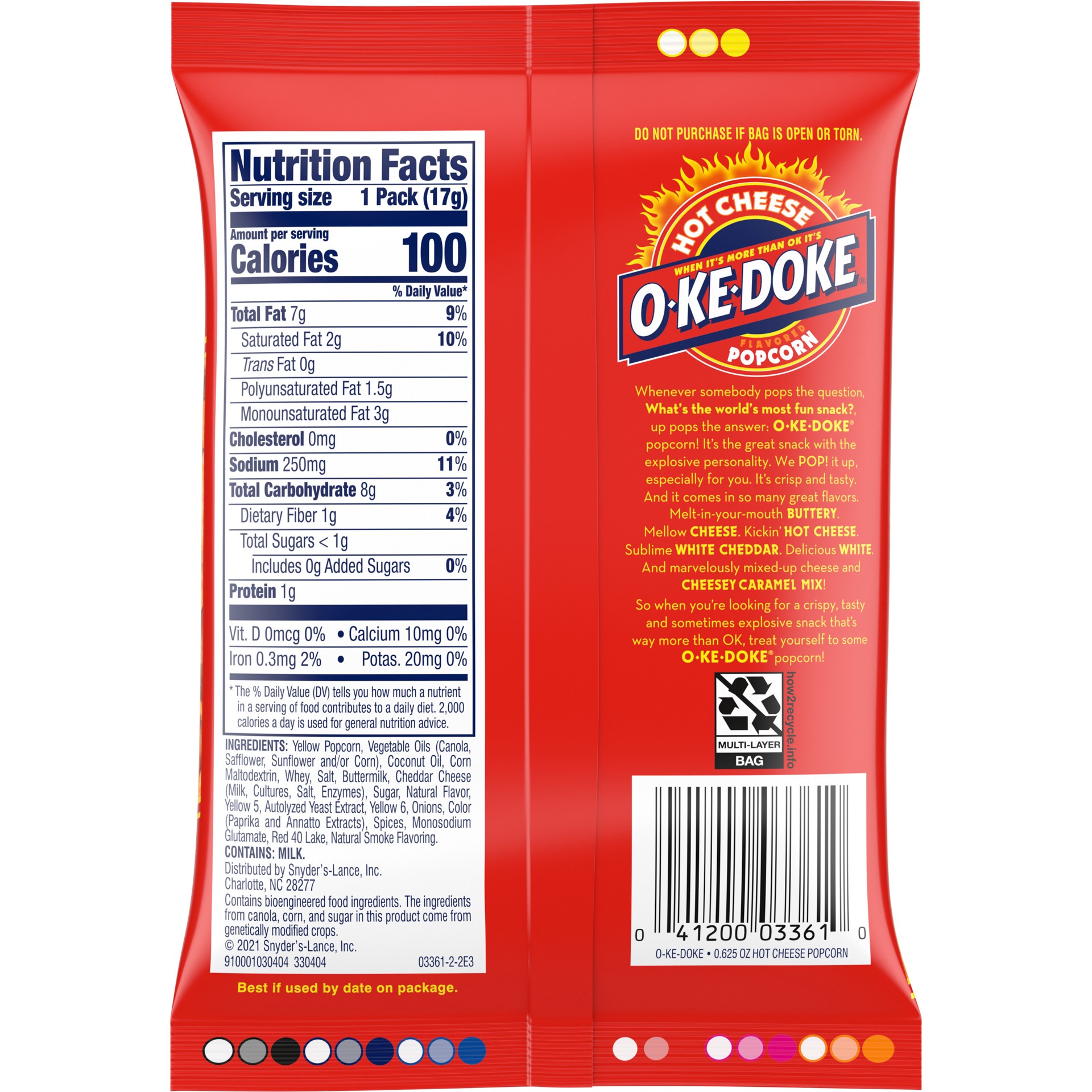 slide 2 of 6, O-ke-Doke Popcorn, Hot Cheese Popcorn, 0.625 Oz Bag, 0.62 oz