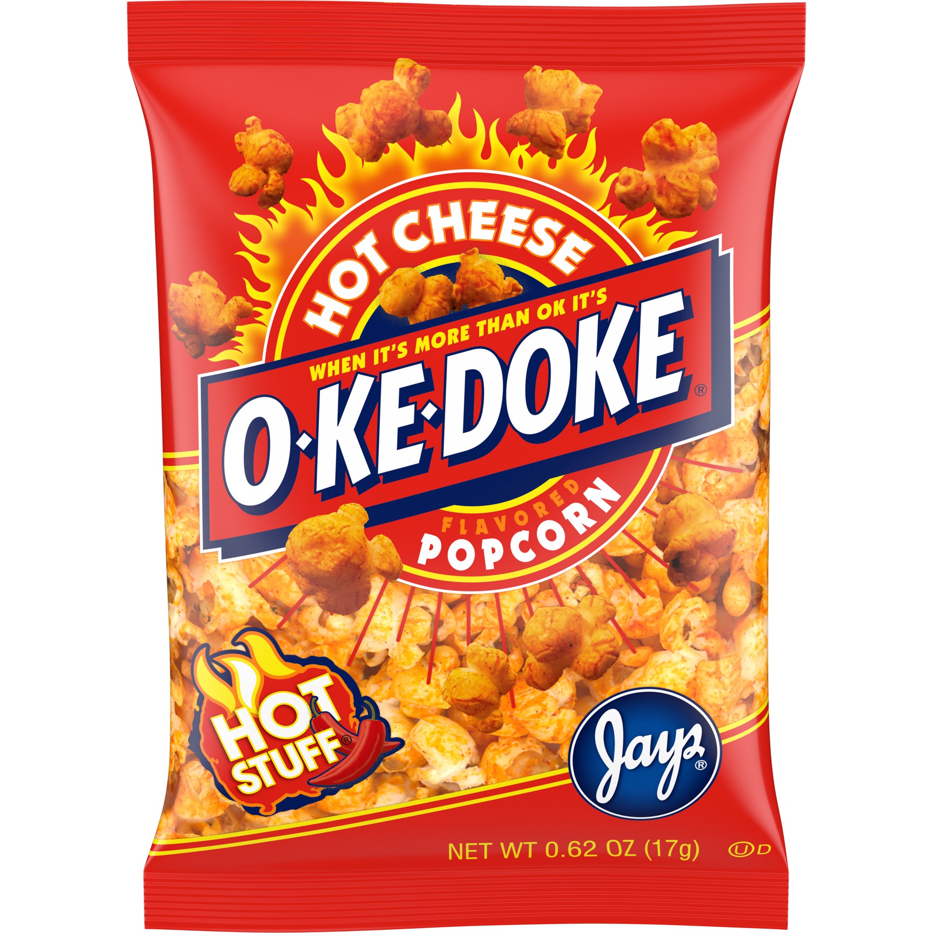 slide 1 of 6, O-ke-Doke Popcorn, Hot Cheese Popcorn, 0.625 Oz Bag, 0.62 oz