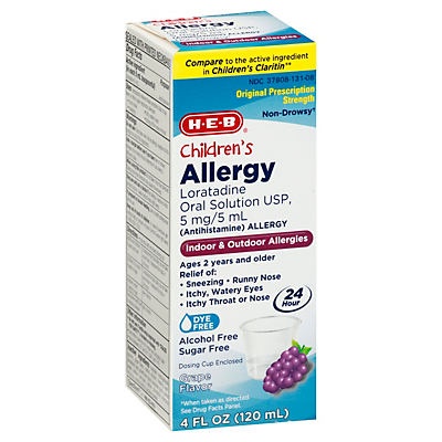 slide 1 of 1, H-E-B Children's Allergy Relief Loratadine 5 mg Sugar Free Grape Syrup, 4 oz