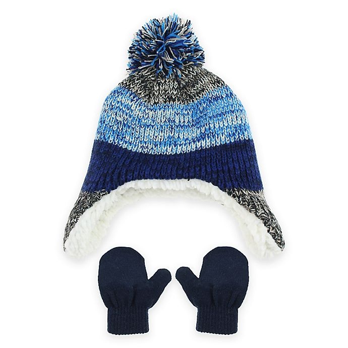 slide 1 of 1, Capelli New York Striped Newborn Hat and Mitten Set - Blue, 1 ct