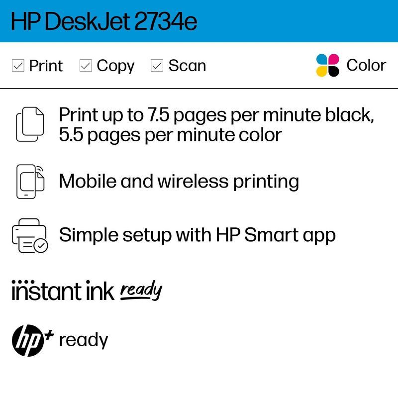 slide 2 of 17, HP Inc. HP DeskJet 2734e Wireless All-in-One Color Printer Scanner Copier with Instant Ink and HP+ (26K72A), 1 ct