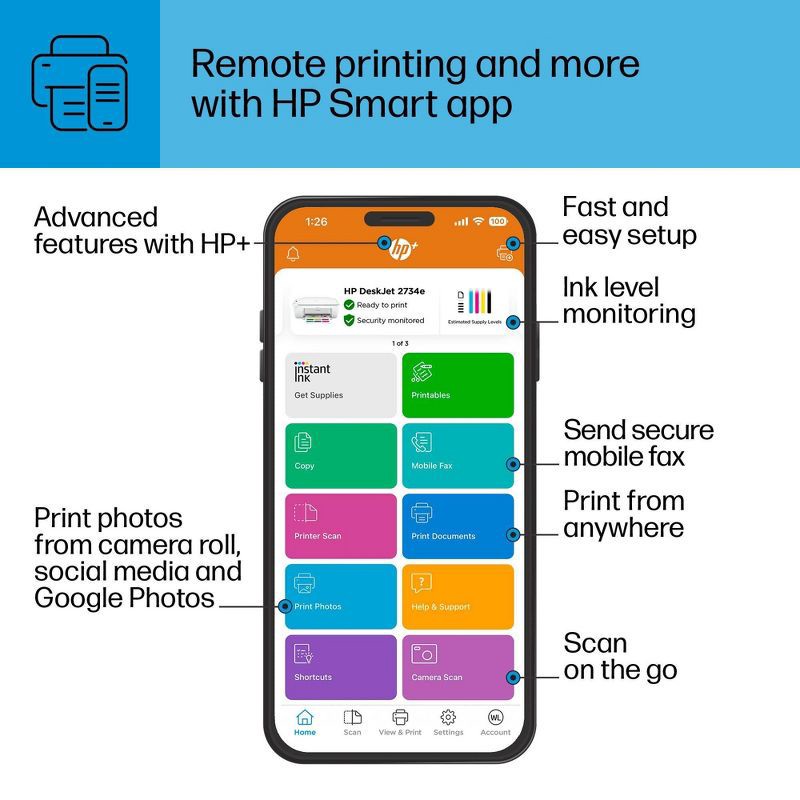 slide 15 of 17, HP Inc. HP DeskJet 2734e Wireless All-in-One Color Printer Scanner Copier with 3 Months Free Instant Ink (26K72A), 1 ct