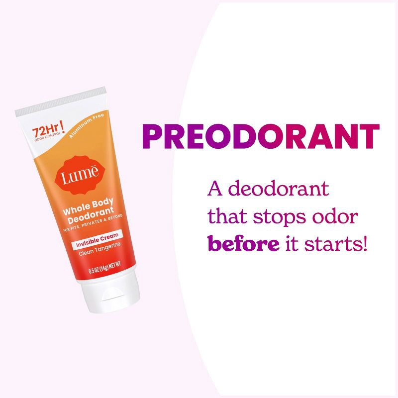 slide 10 of 10, Lume Whole Body Women's Deodorant - Mini Invisible Cream Tube - Aluminum Free - Clean Tangerine Scent - Trial Size - 0.5oz, 0.5 oz