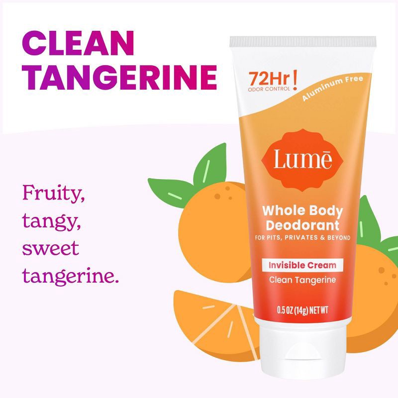 slide 3 of 10, Lume Whole Body Women's Deodorant - Mini Invisible Cream Tube - Aluminum Free - Clean Tangerine Scent - Trial Size - 0.5oz, 0.5 oz