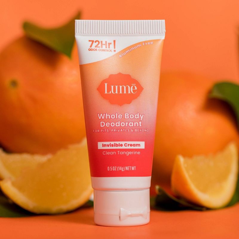 slide 4 of 10, Lume Whole Body Women's Deodorant - Mini Invisible Cream Tube - Aluminum Free - Clean Tangerine Scent - Trial Size - 0.5oz, 0.5 oz