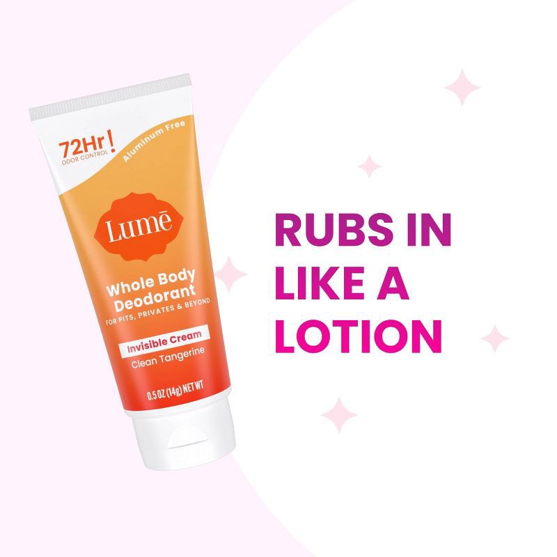 slide 5 of 10, Lume Whole Body Women's Deodorant - Mini Invisible Cream Tube - Aluminum Free - Clean Tangerine Scent - Trial Size - 0.5oz, 0.5 oz