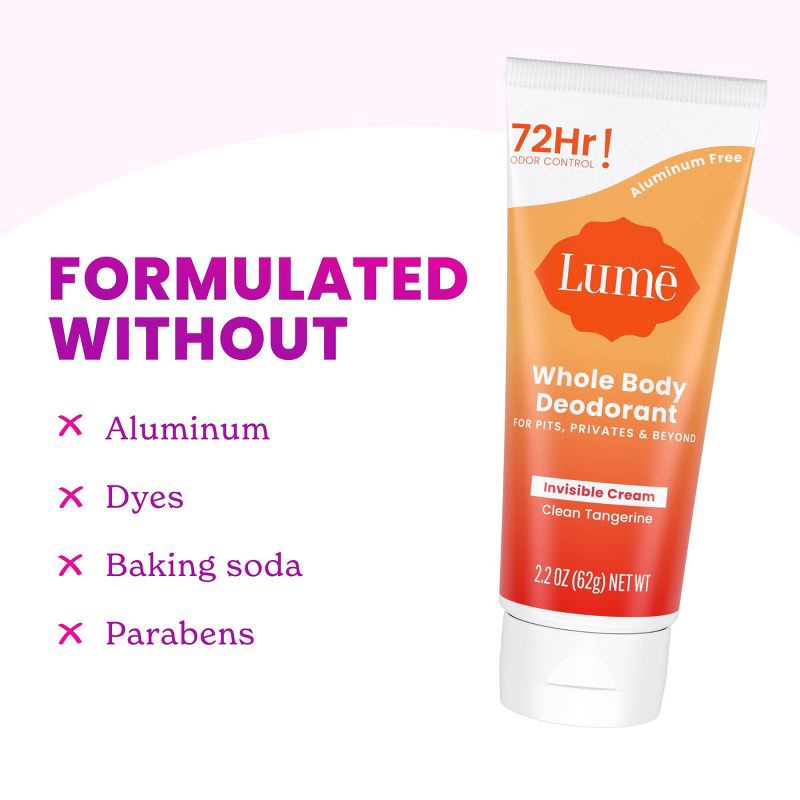 slide 3 of 11, Lume Whole Body Women's Invisible Cream Tube Deodorant Clean Tangerine Scent - Aluminum-Free 2.2oz, 2.2 oz