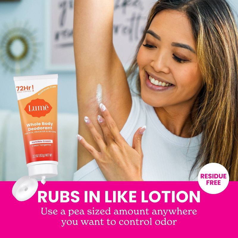 slide 9 of 11, Lume Whole Body Women's Invisible Cream Tube Deodorant Clean Tangerine Scent - Aluminum-Free 2.2oz, 2.2 oz