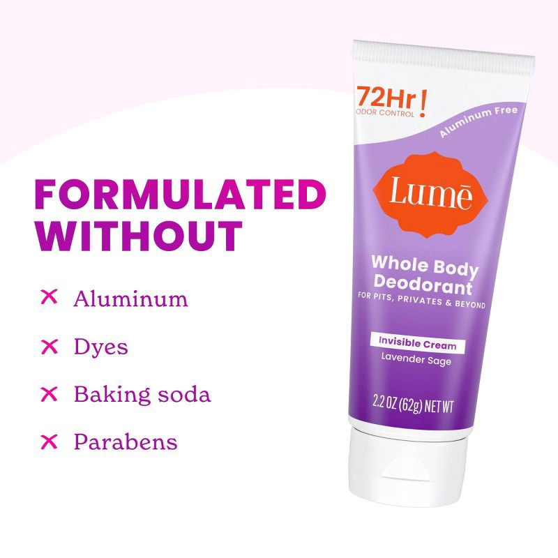 slide 8 of 11, Lume Whole Body Women's Invisible Cream Tube Deodorant Lavender Sage Scent - Aluminum-Free 2.2oz, 2.2 oz