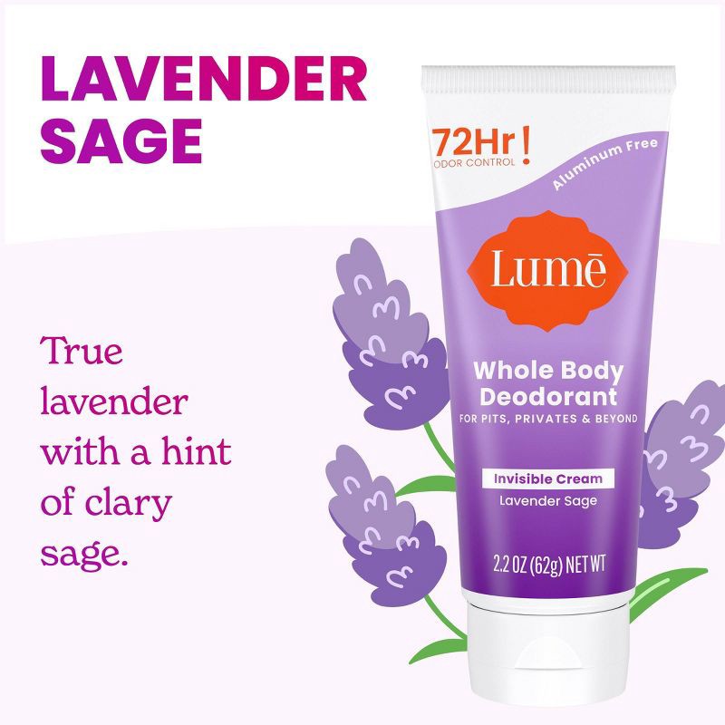 slide 6 of 11, Lume Whole Body Women's Invisible Cream Tube Deodorant Lavender Sage Scent - Aluminum-Free 2.2oz, 2.2 oz