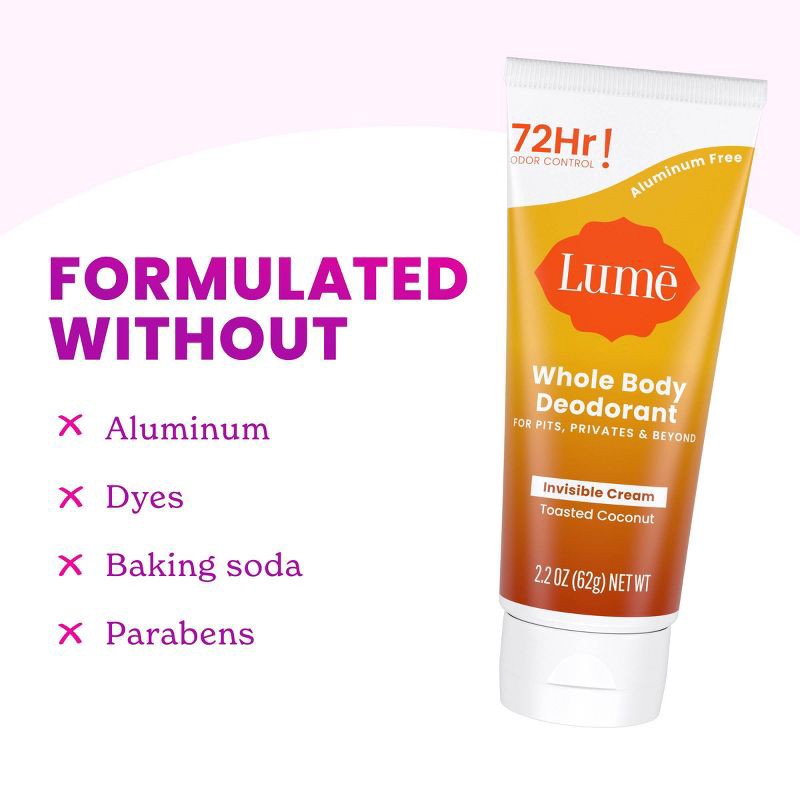 slide 3 of 11, Lume Whole Body Women's Invisible Cream Tube Deodorant Toasted Coconut Scent - Aluminum-Free 2.2oz, 2.2 oz