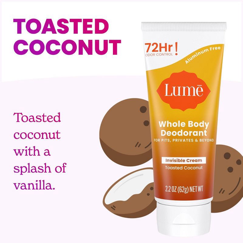 slide 10 of 11, Lume Whole Body Women's Invisible Cream Tube Deodorant Toasted Coconut Scent - Aluminum-Free 2.2oz, 2.2 oz