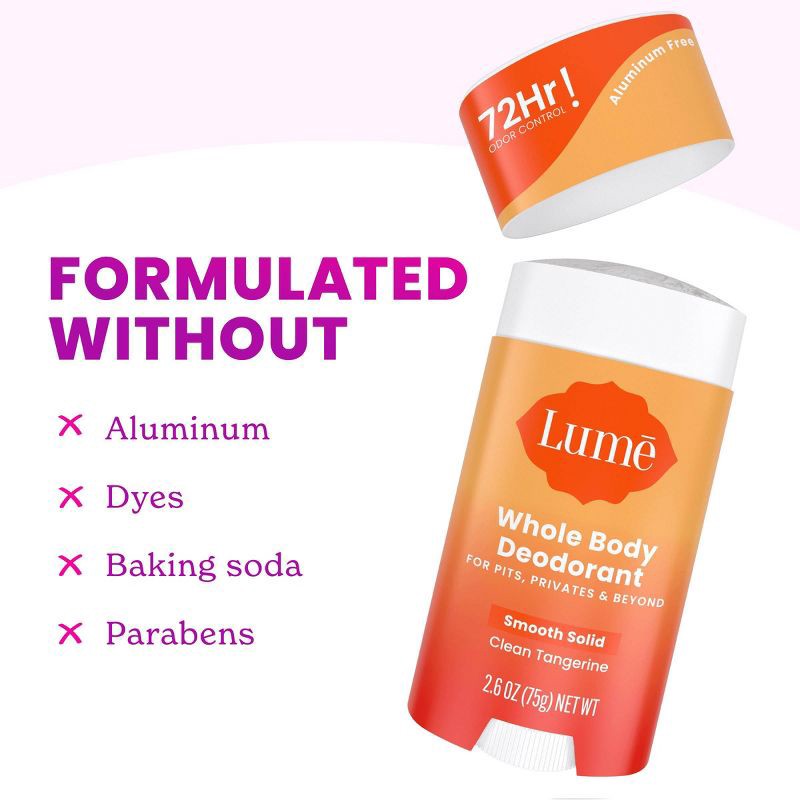 slide 3 of 8, Lume Whole Body Women's Smooth Solid Deodorant Clean Tangerine Scent - Aluminum-Free 2.6oz, 2.6 oz
