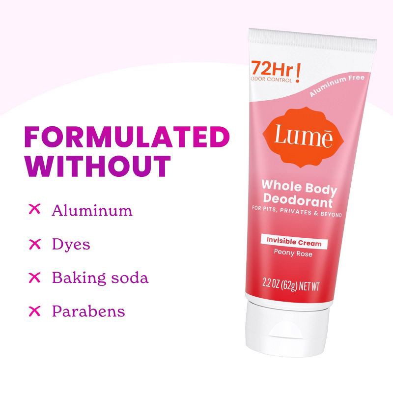 slide 3 of 11, Lume Whole Body Women's Invisible Cream Tube Deodorant Peony Rose Scent - Aluminum-Free 2.2oz, 2.2 oz