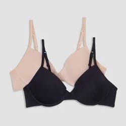 Hanes Girls' 2pk Underwire Bra - Beige/Black 34: Molded Cup, Adjustable Strap, T-Shirt Style