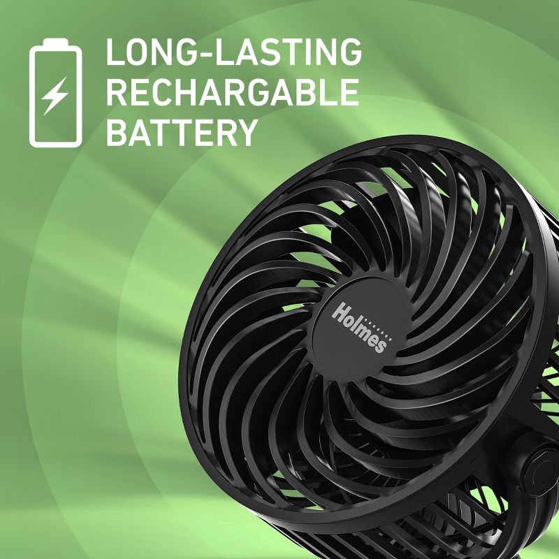 slide 3 of 8, Holmes 4" On-The-Go Portable Clip Rechargeable Battery 360° Rotation Fan Black, 1 ct