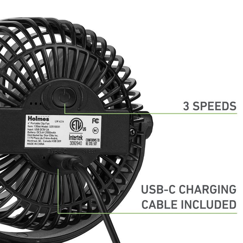 slide 4 of 8, Holmes 4" On-The-Go Portable Clip Rechargeable Battery 360° Rotation Fan Black, 1 ct