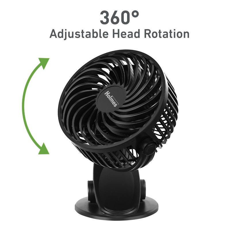 slide 6 of 8, Holmes 4" On-The-Go Portable Clip Rechargeable Battery 360° Rotation Fan Black, 1 ct
