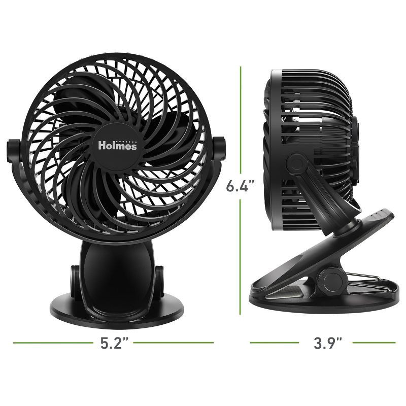 slide 7 of 8, Holmes 4" On-The-Go Portable Clip Rechargeable Battery 360° Rotation Fan Black, 1 ct