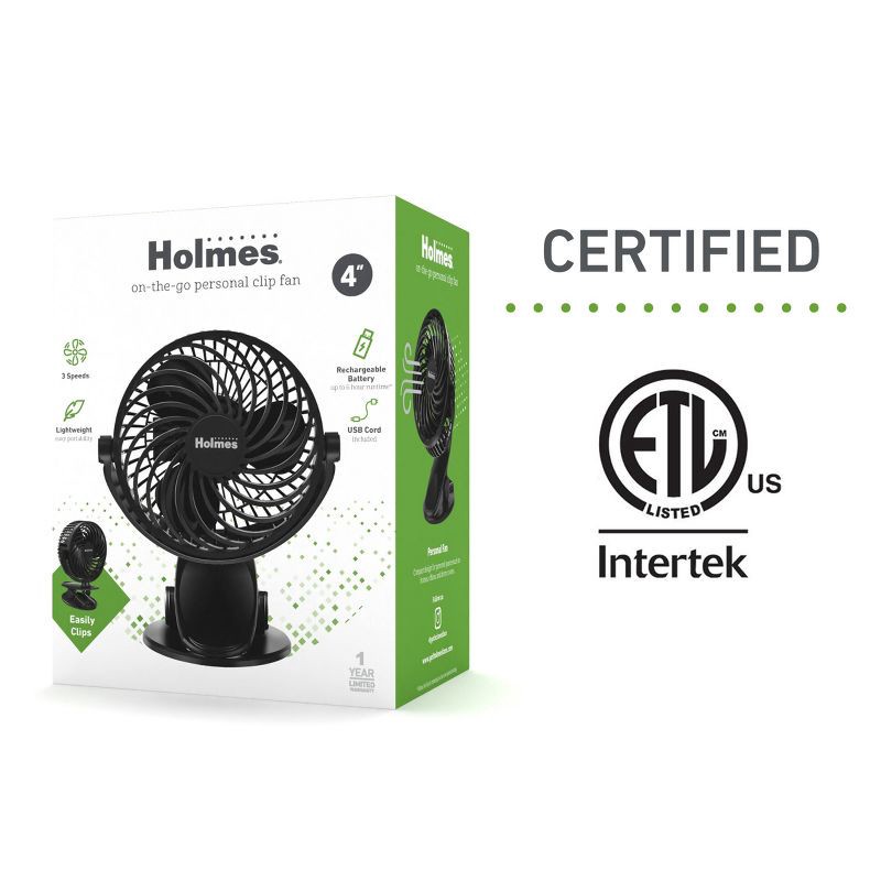 slide 8 of 8, Holmes 4" On-The-Go Portable Clip Rechargeable Battery 360° Rotation Fan Black, 1 ct