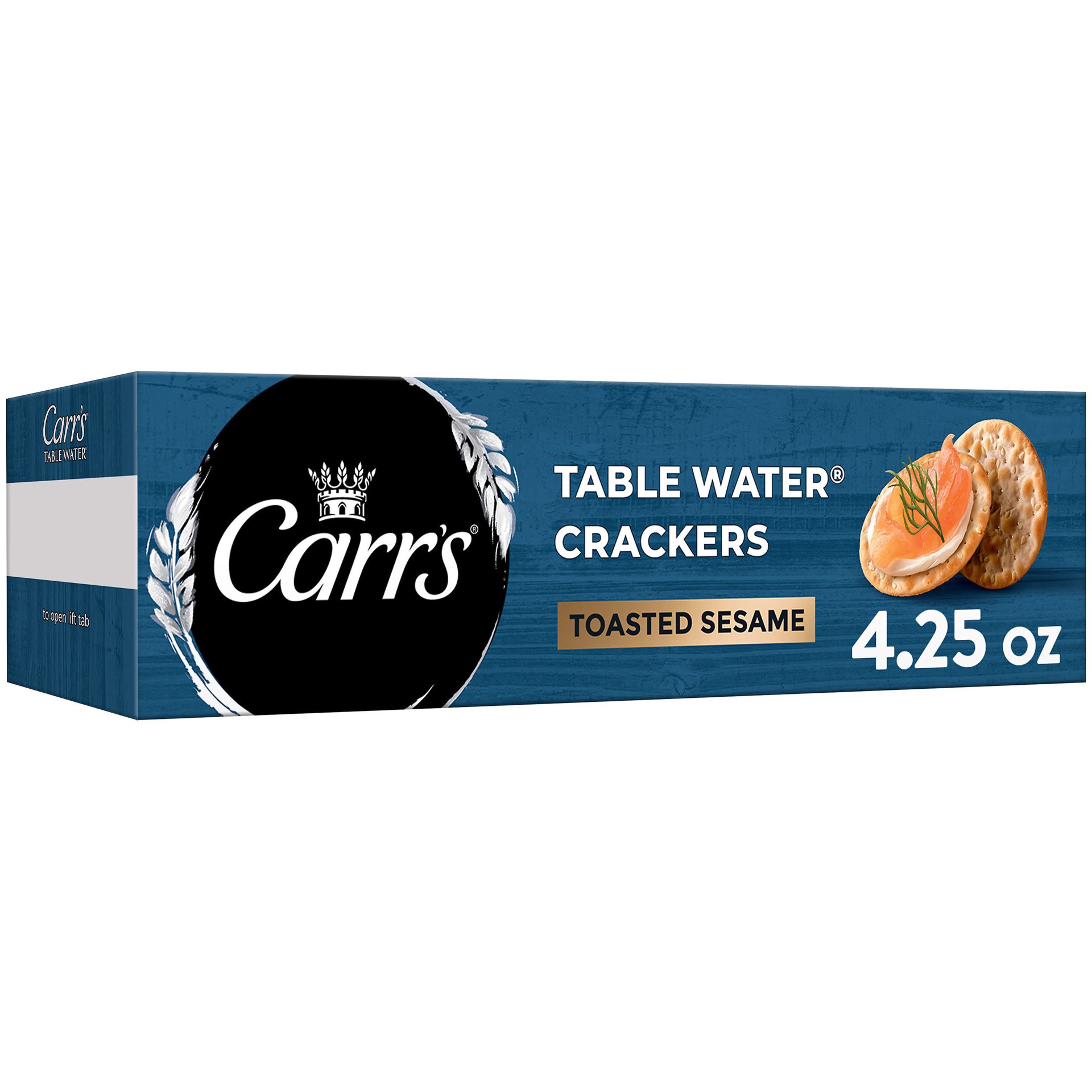 slide 1 of 5, Carr's Table Water Crackers, Baked Snack Crackers, Party Snacks, Toasted Sesame, 4.5oz Box, 1 Box, 4.25 oz