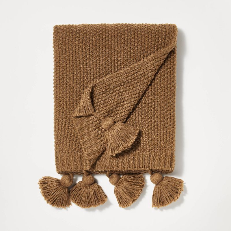 slide 1 of 3, Threshold designed w/Studio McGee Knit Throw with Pom Tassels Throw Blanket Brown - Threshold designed with Studio McGee, 1 ct