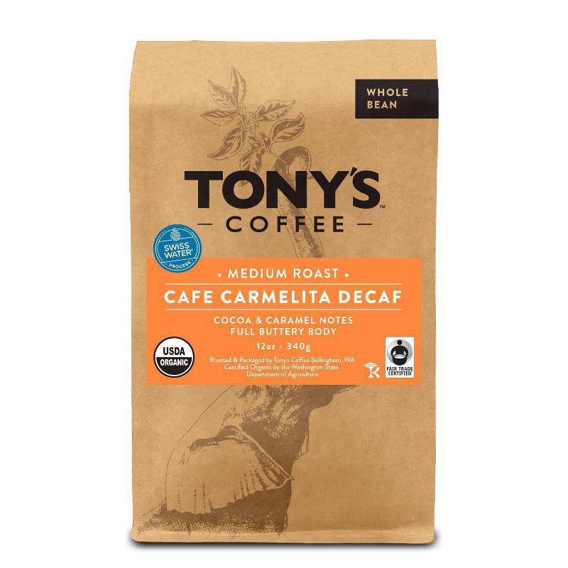 slide 1 of 4, Tony's Coffee Carmelita Decaf Whole Bean Medium Roast Coffee- 12 oz, 12 oz