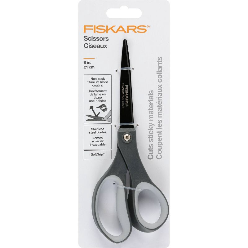 slide 2 of 3, Fiskars 8" Performance Softgrip Non-Stick Titanium Fashion Scissors Black/Gray: Stainless Steel, Office & School Use, 1 ct