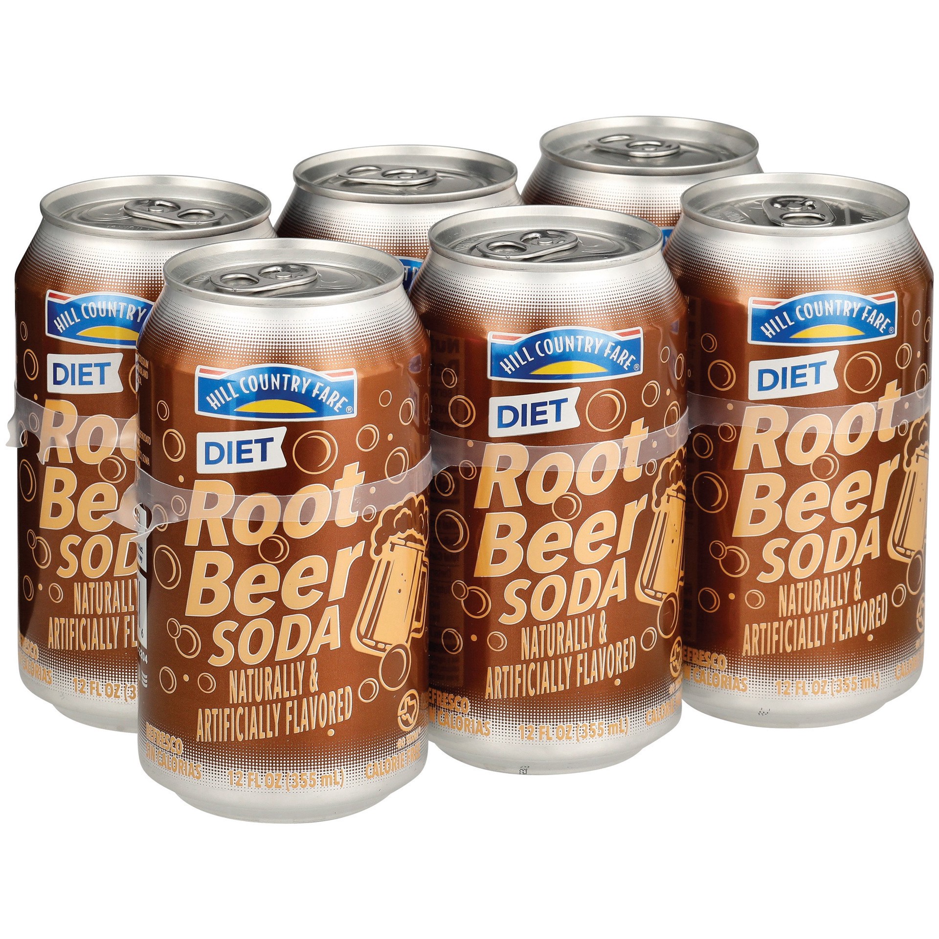 slide 1 of 1, Hill Country Fare Diet Root Beer Soda 6 pk Cans, 12 oz