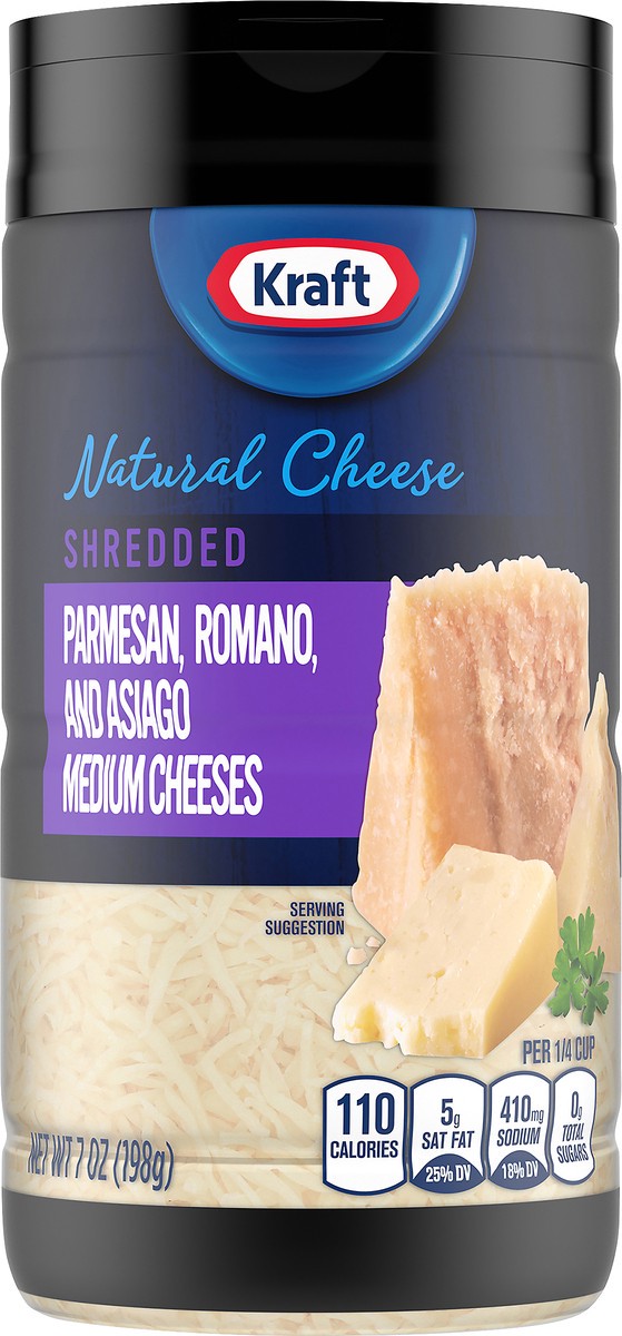 slide 1 of 8, Kraft Shredded Parmesan, Romano and Asiago Cheese, 7 oz Jar, 7 oz