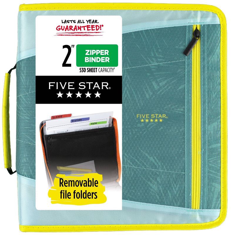 slide 1 of 6, Five Star 2" Sewn Zipper Binder with File Folders Fashion Minty Palm, 1 ct