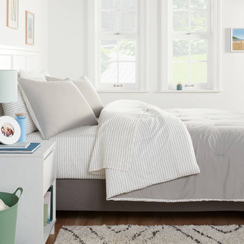 slide 1 of 6, 5pc Twin Extra Long Solid Microfiber Comforter & Sheets Set Gray - Room Essentials™: Bed in a Bag, 180 Thread Count, 5 ct