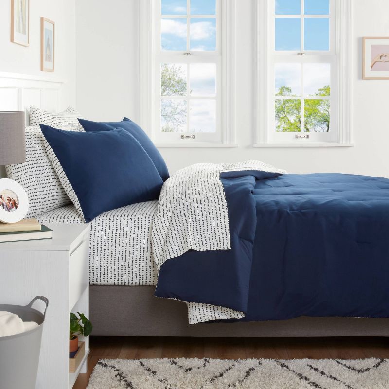 slide 1 of 6, 7pc Queen Solid Microfiber Comforter & Sheets Set Navy/Gray - Room Essentials™: Polyester Bedding, Quilted, OEKO-TEX Certified, 7 ct