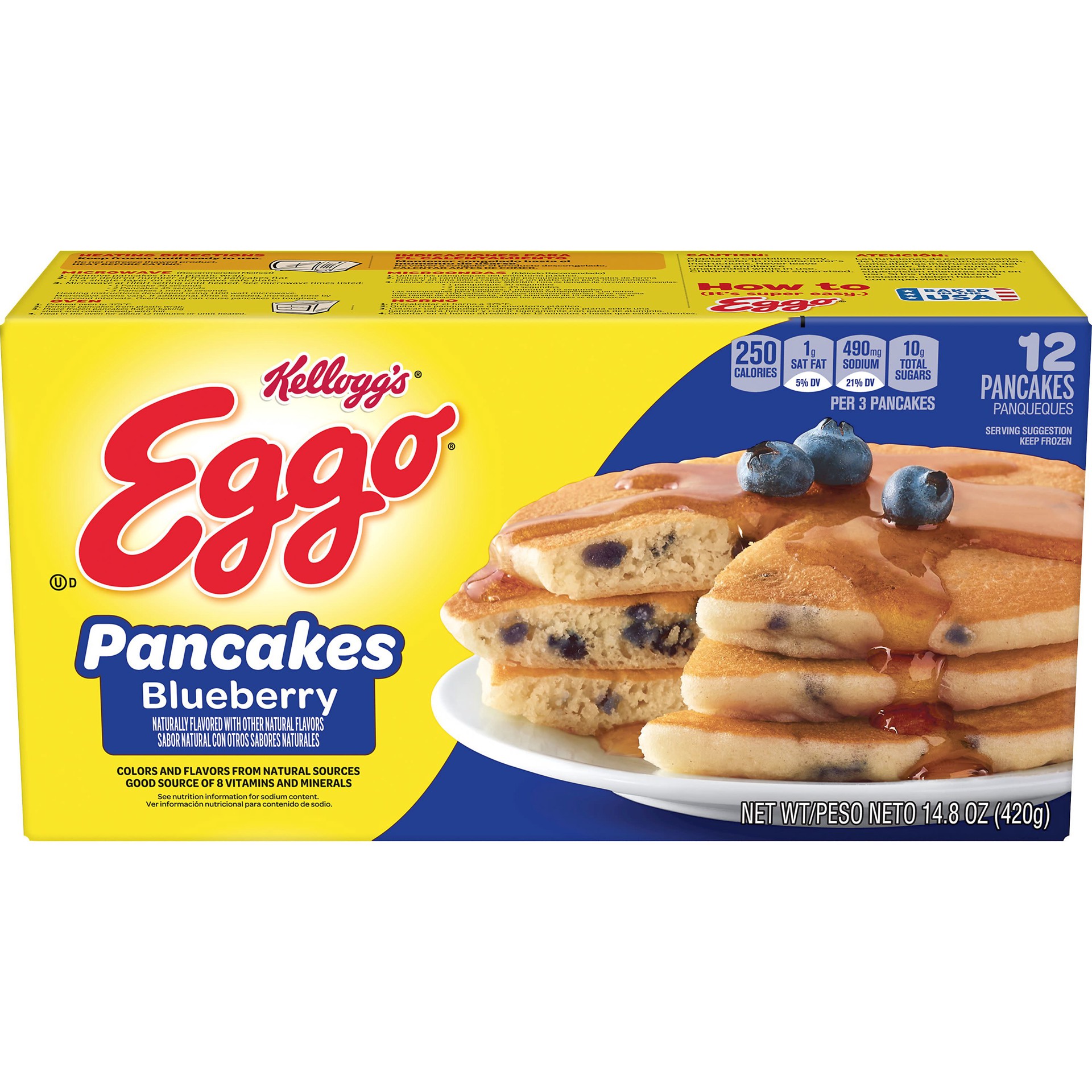 slide 1 of 5, Eggo Frozen Pancakes, Frozen Breakfast, Kids Snacks, Blueberry, 14.8oz Box, 12 Pancakes, 14.8 oz